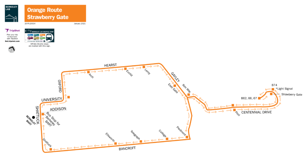 Berkeley Lab Orange Route / Strawberry Gate Shuttle Map.