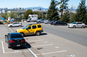 Partial empty Lab parking lot showing spaces marked with blue triangles
